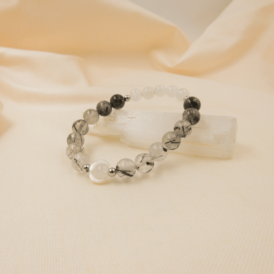 Black Rutile and Rainbow Moonstone Bracelet – Crystal Bracelet of grounding and protection - To Eons