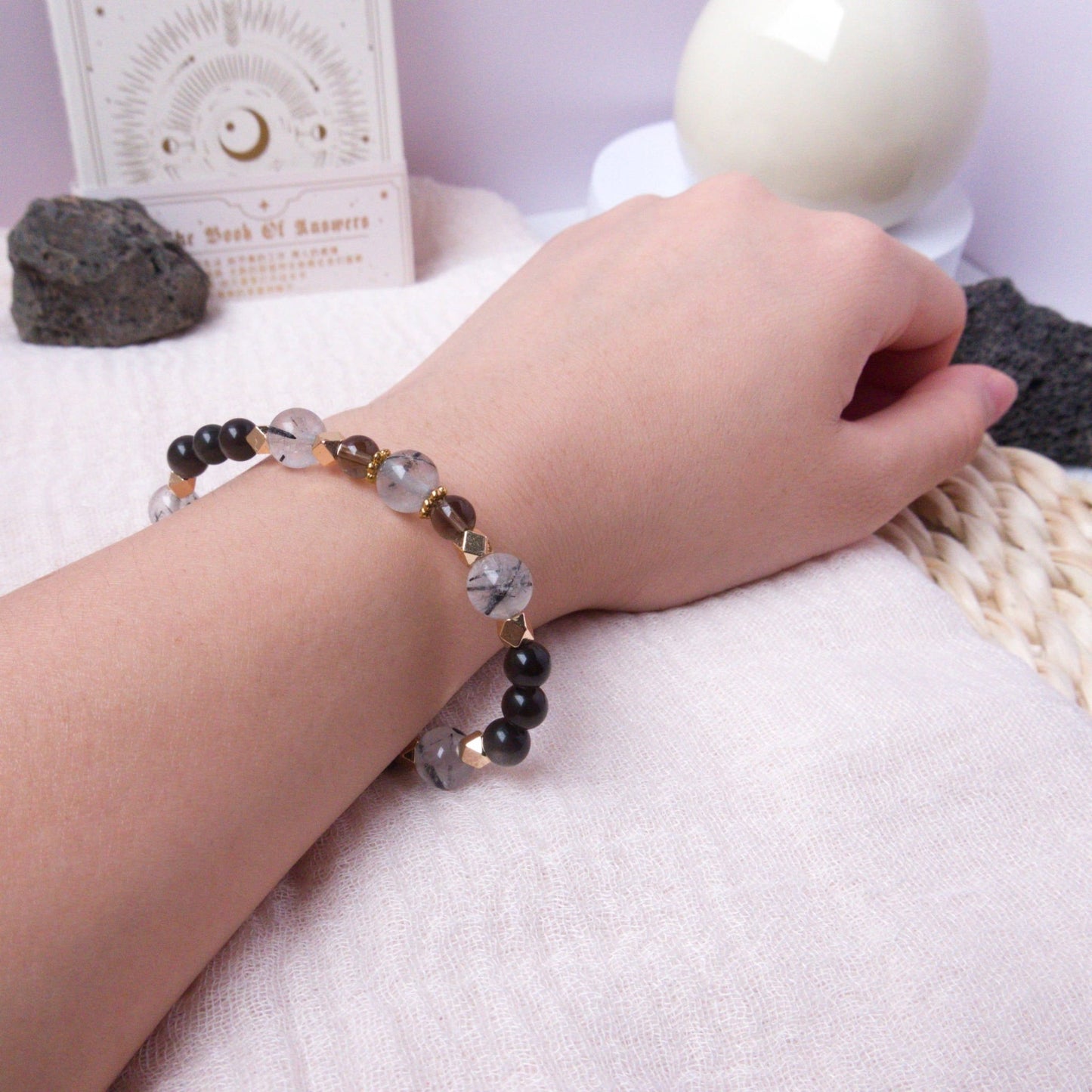 Black Rutile, Smoky Quartz, and Silver Obsidian Bracelet - Crystal Bracelet for Protection, Grounding, and Stability - To Eons