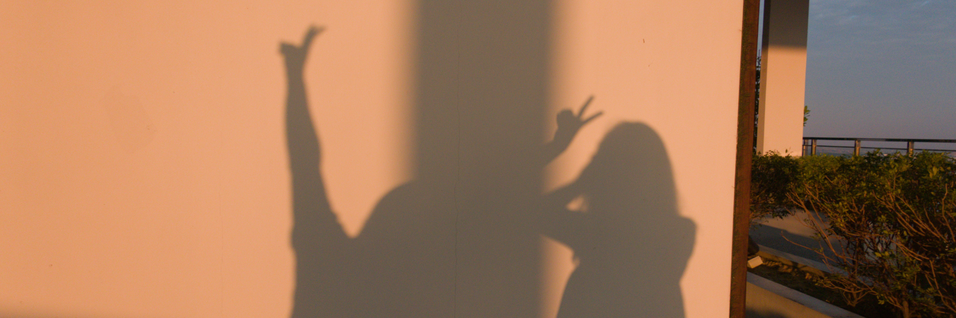Silhouettes of two people against a light-colored wall with a natural background