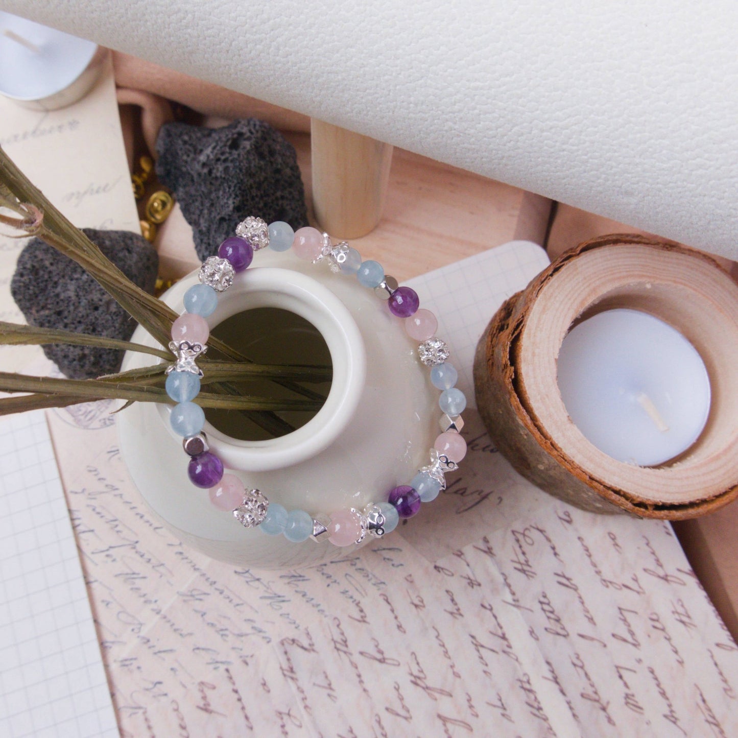 Aquamarine, Amethyst and Rose Quartz Bracelet - Crystal Bracelet for Calmness and Clarity - To Eons