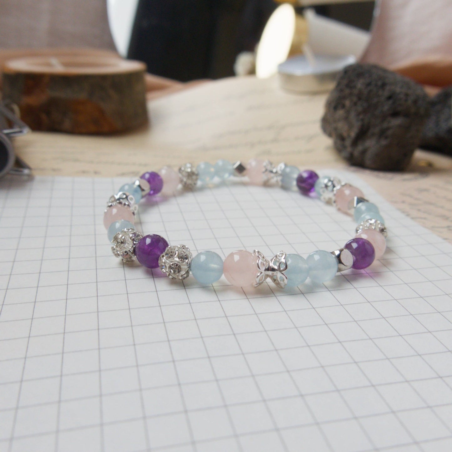 Aquamarine, Amethyst and Rose Quartz Bracelet - Crystal Bracelet for Calmness and Clarity - To Eons