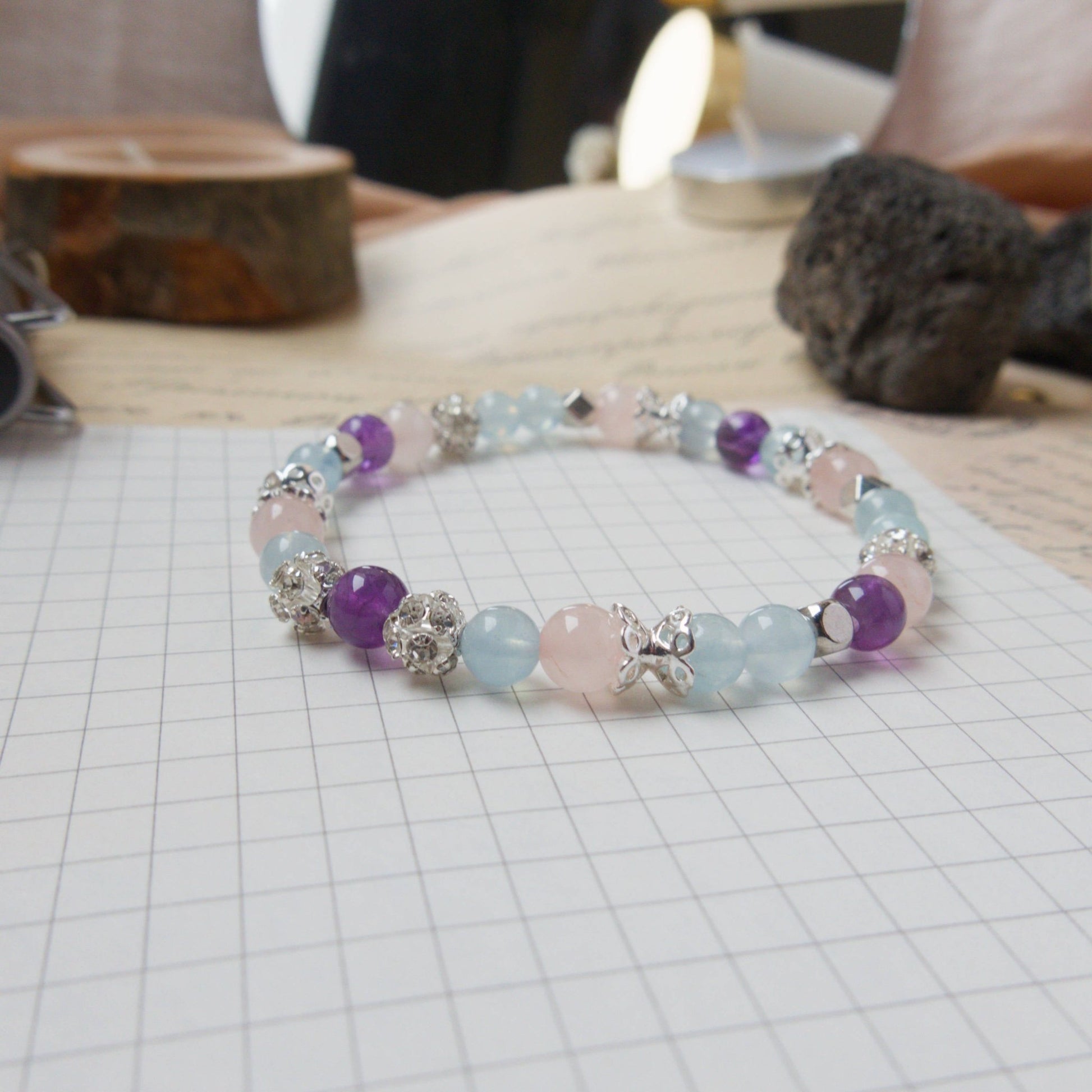 Aquamarine, Amethyst and Rose Quartz Bracelet - Crystal Bracelet for Calmness and Clarity - To Eons
