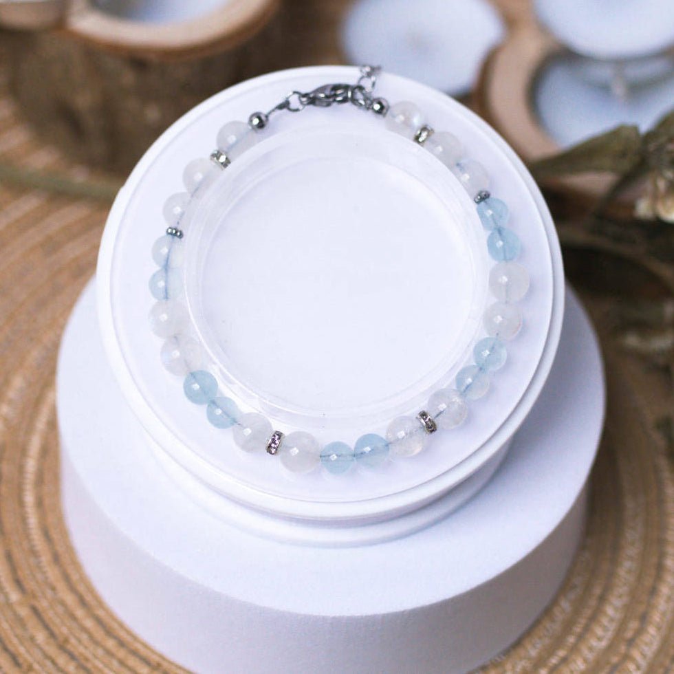 Aquamarine and Rainbow Moonstone Bracelet - Crystal Bracelet of Calm and Flow - To Eons