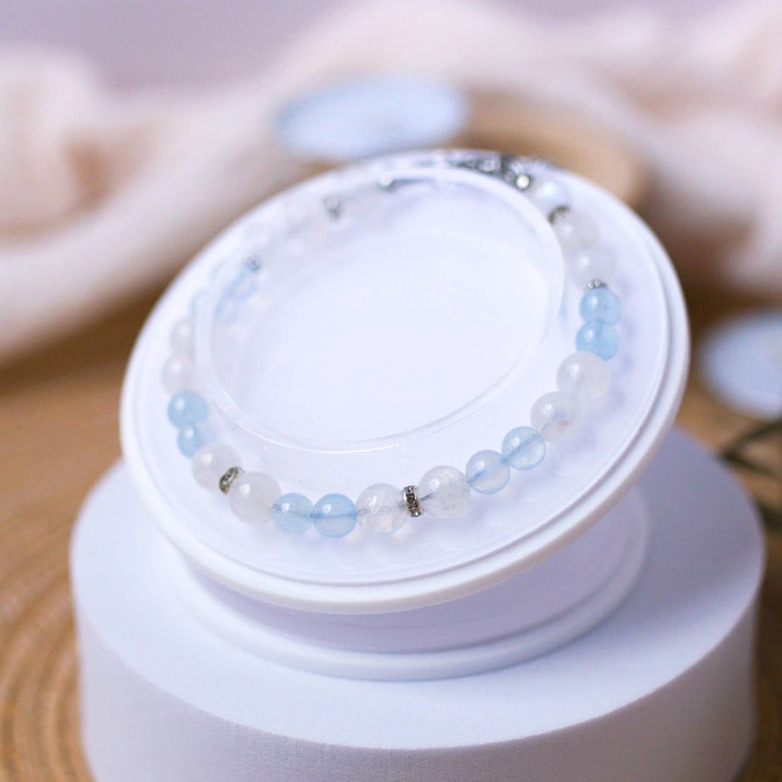 Aquamarine and Rainbow Moonstone Bracelet - Crystal Bracelet of Calm and Flow - To Eons