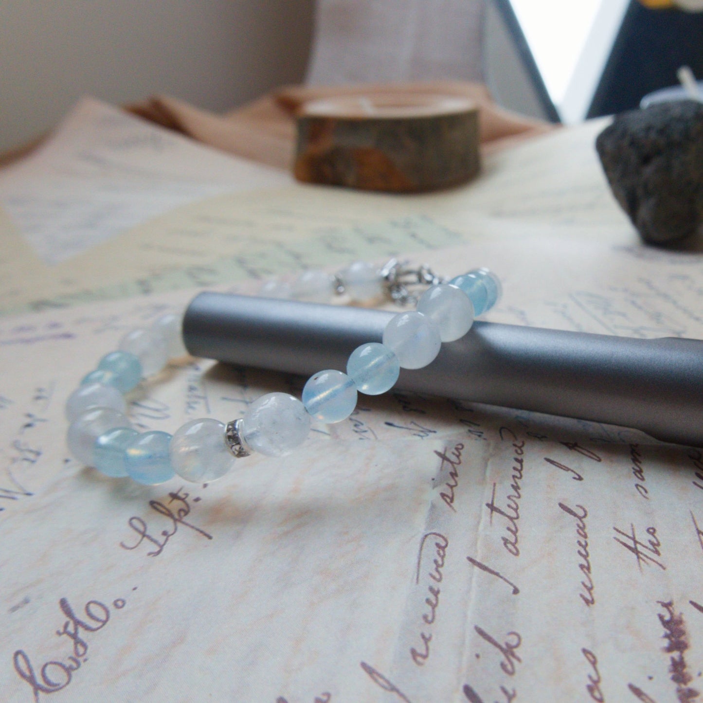Aquamarine and Rainbow Moonstone Bracelet - Crystal Bracelet of Calm and Flow - To Eons