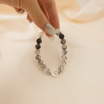 Black Rutile and Rainbow Moonstone Bracelet – Crystal Bracelet of grounding and protection - To Eons