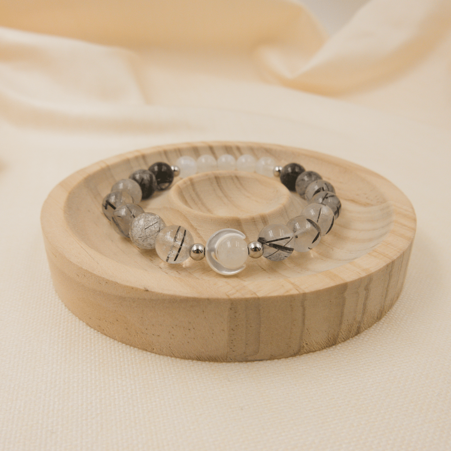 Black Rutile and Rainbow Moonstone Bracelet – Crystal Bracelet of grounding and protection - To Eons