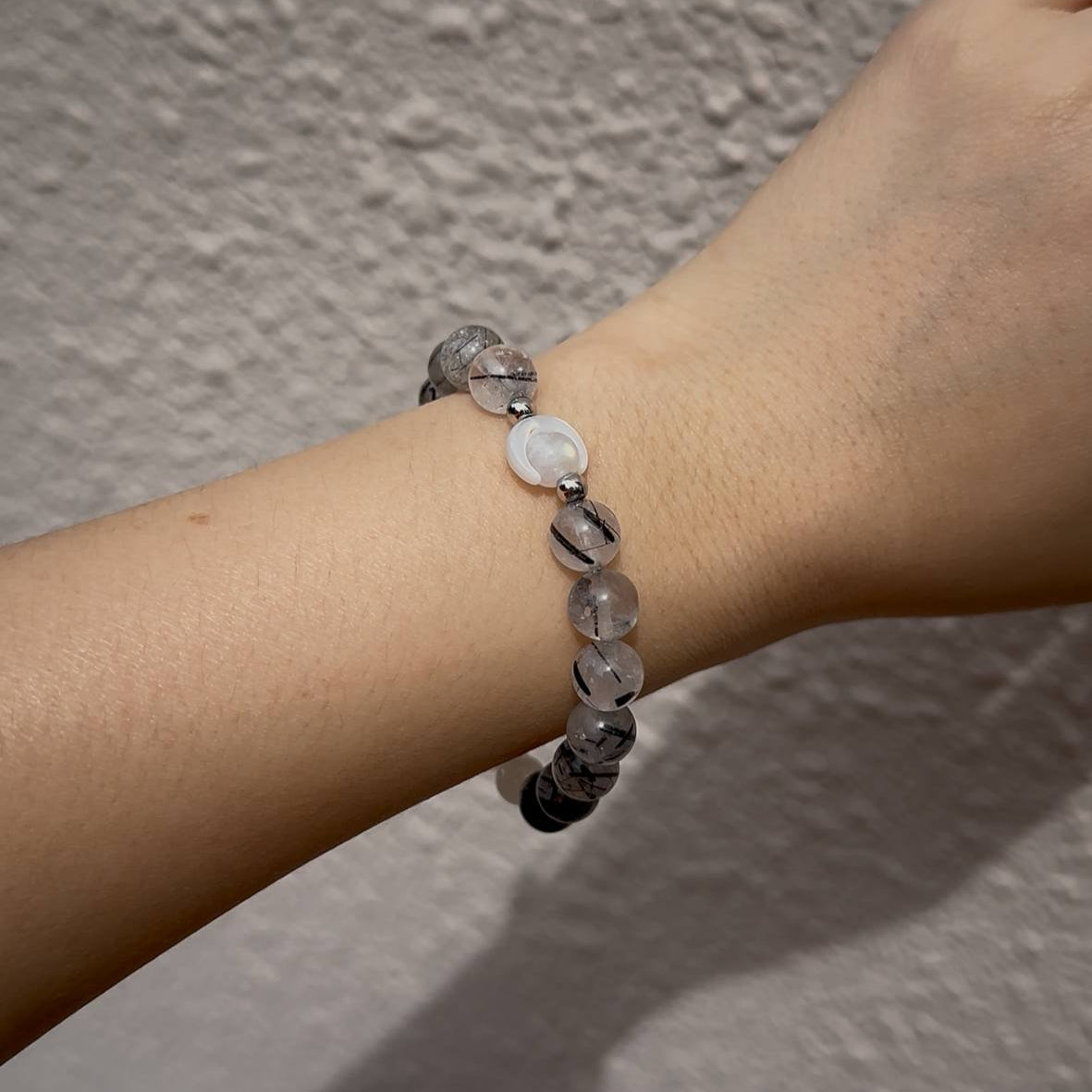 Black Rutile and Rainbow Moonstone Bracelet – Crystal Bracelet of grounding and protection - To Eons