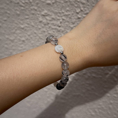 Black Rutile and Rainbow Moonstone Bracelet – Crystal Bracelet of grounding and protection - To Eons