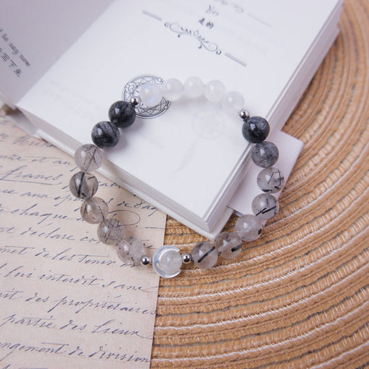 Black Rutile and Rainbow Moonstone Bracelet – Crystal Bracelet of grounding and protection - To Eons