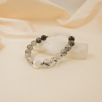 Black Rutile and Rainbow Moonstone Bracelet – Crystal Bracelet of grounding and protection - To Eons