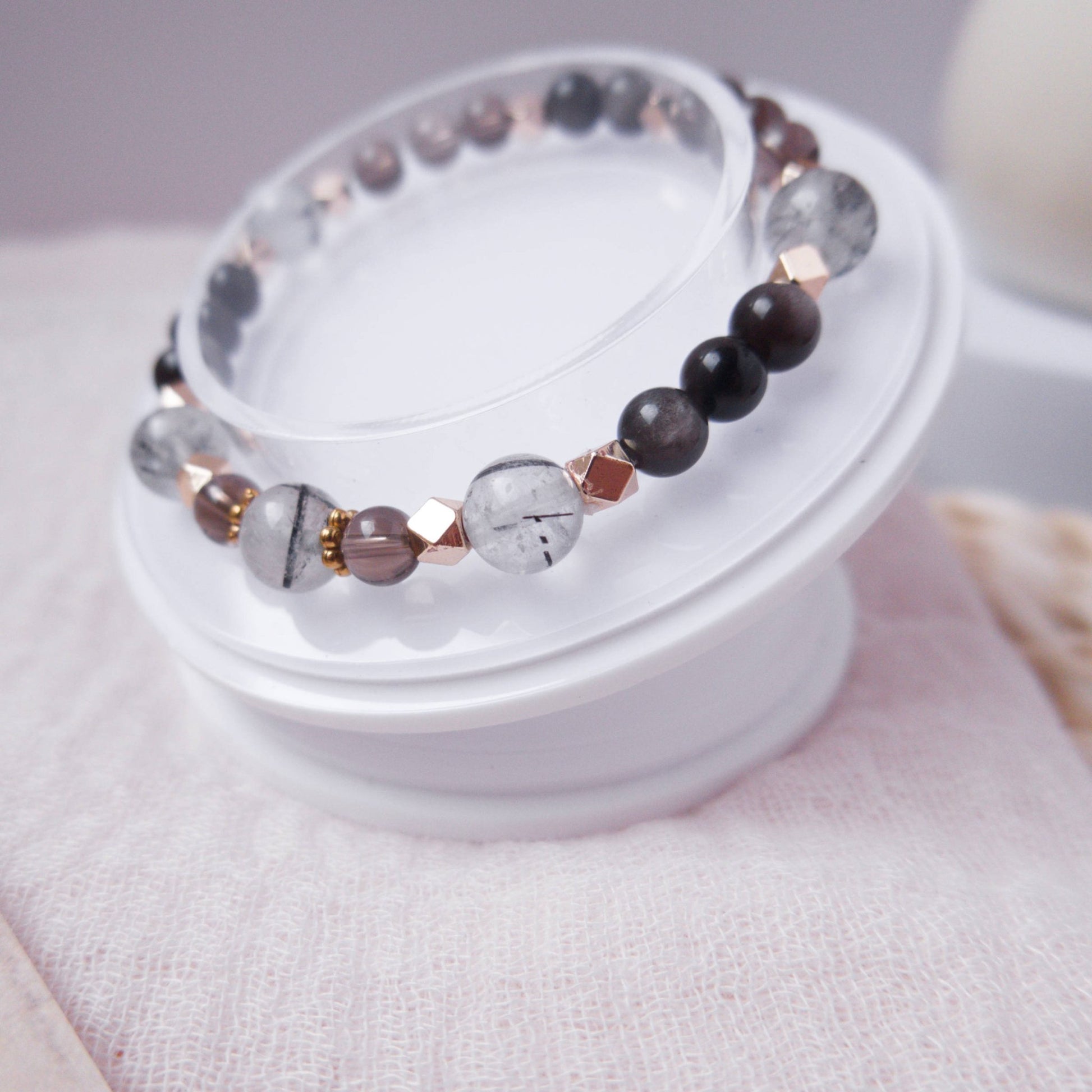 Black Rutile, Smoky Quartz, and Silver Obsidian Bracelet - Crystal Bracelet for Protection, Grounding, and Stability - To Eons