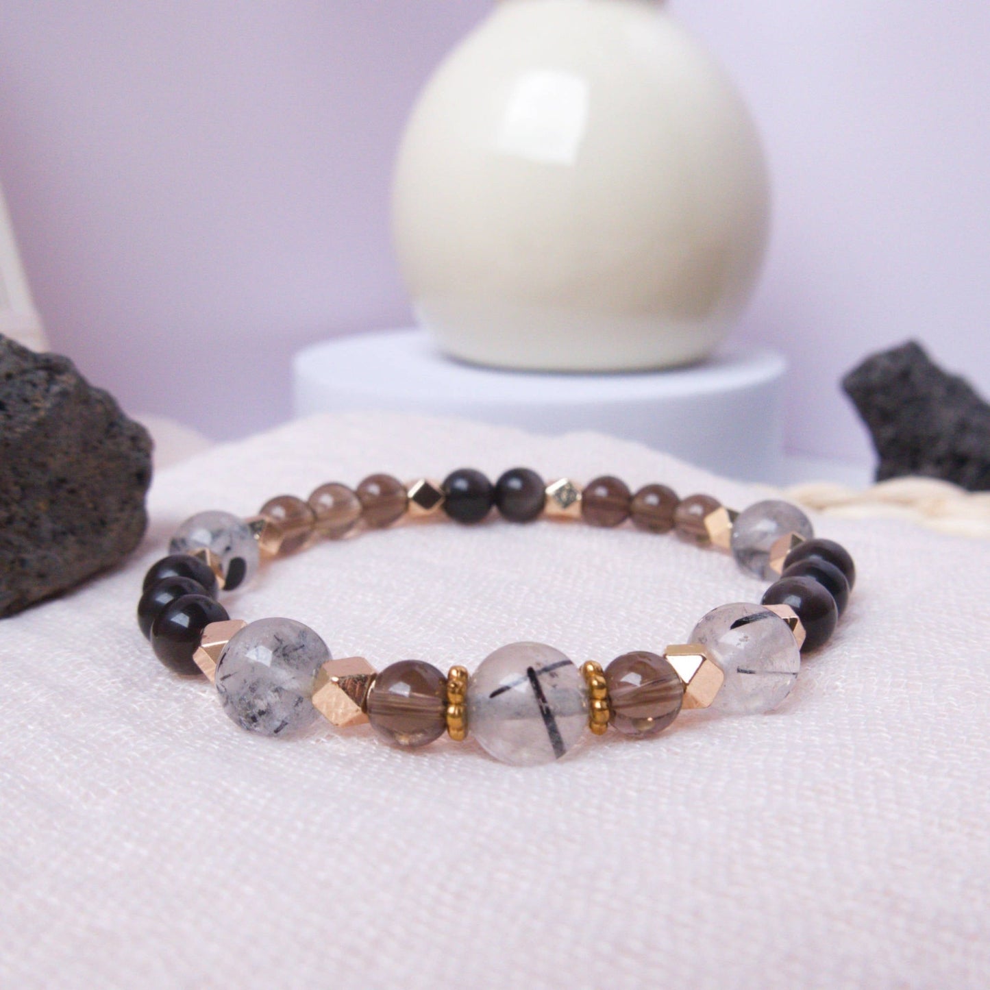 Black Rutile, Smoky Quartz, and Silver Obsidian Bracelet - Crystal Bracelet for Protection, Grounding, and Stability - To Eons