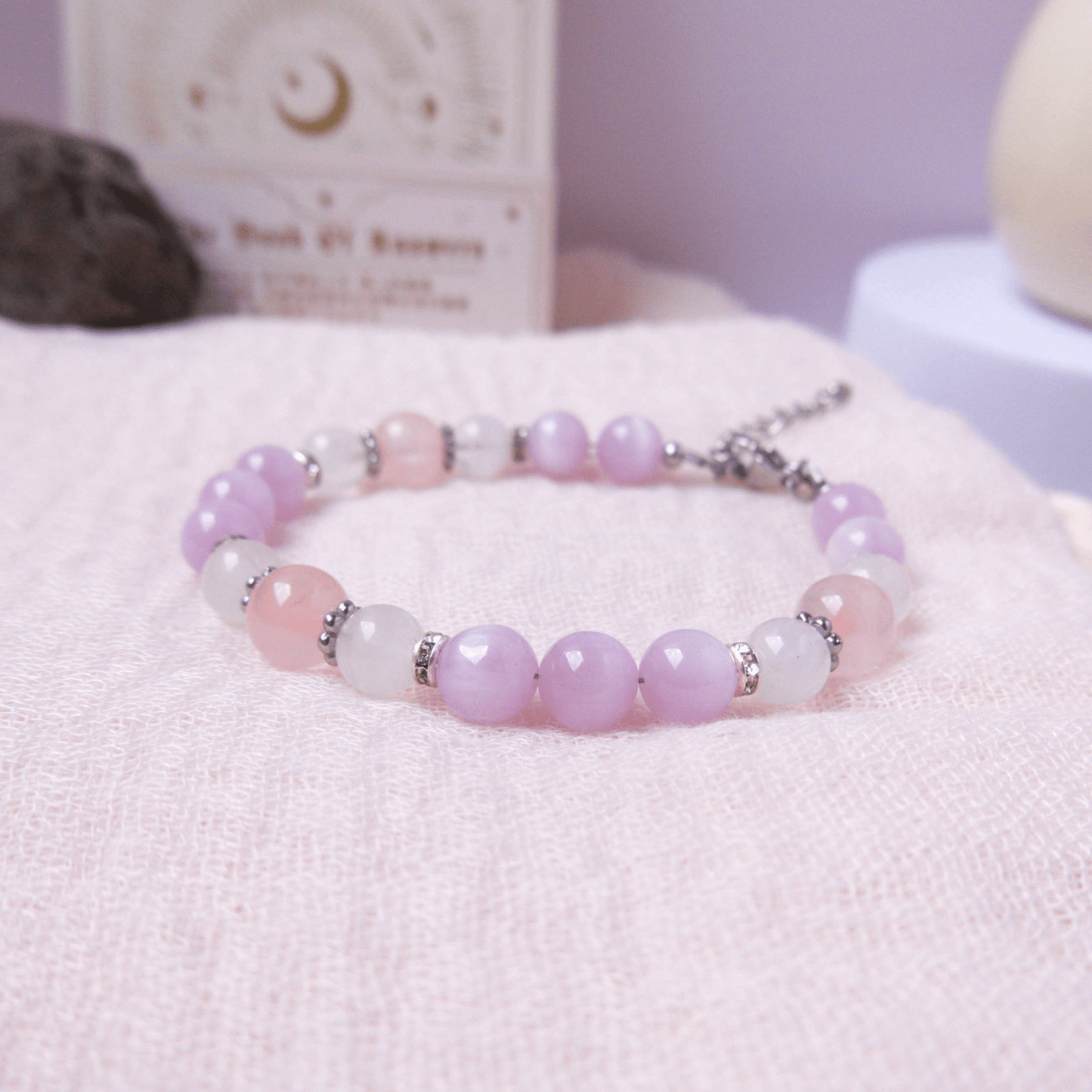 Rainbow Moonstone, Kunzite, and Rose Quartz Bracelet - Crystal Bracelet for Love, Emotional Healing, and intuition - To Eons