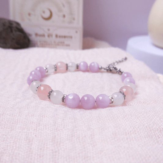 Rainbow Moonstone, Kunzite, and Rose Quartz Bracelet - Crystal Bracelet for Love, Emotional Healing, and intuition - To Eons