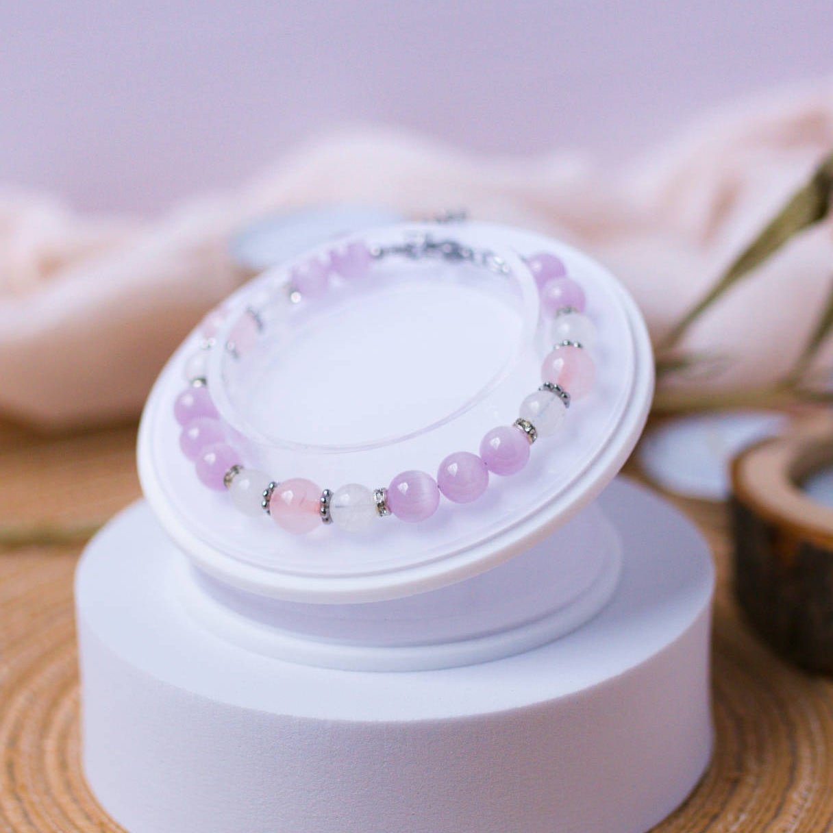 Rainbow Moonstone, Kunzite, and Rose Quartz Bracelet - Crystal Bracelet for Love, Emotional Healing, and intuition - To Eons