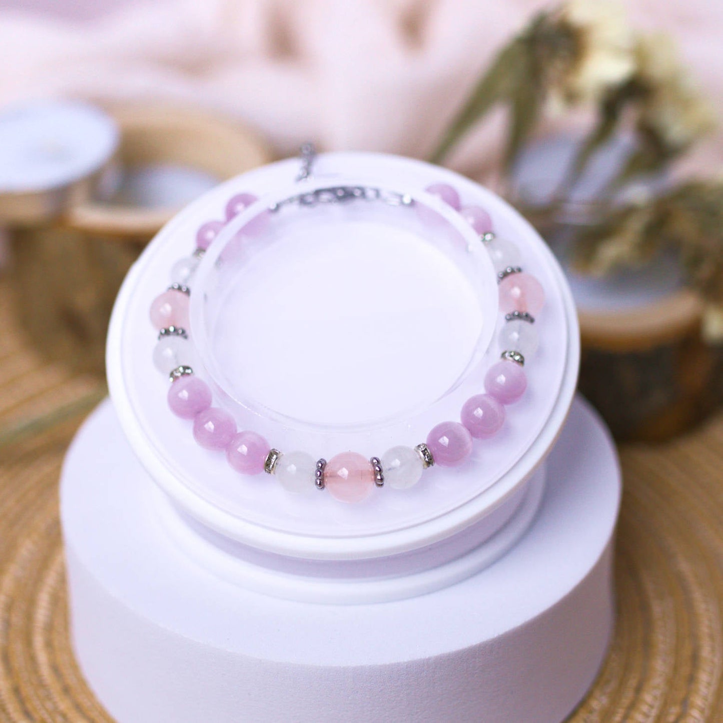 Rainbow Moonstone, Kunzite, and Rose Quartz Bracelet - Crystal Bracelet for Love, Emotional Healing, and intuition - To Eons