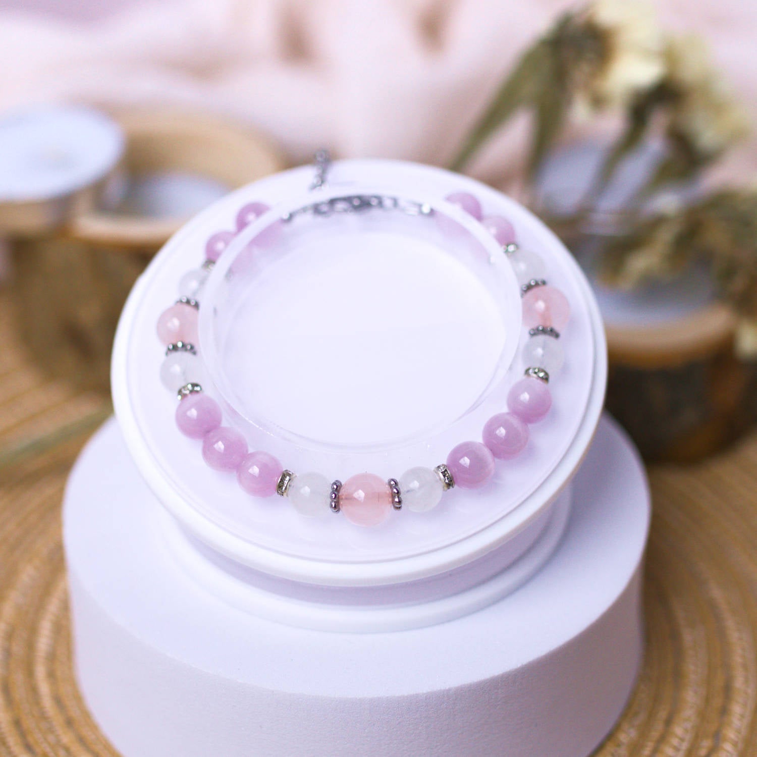 Rainbow Moonstone, Kunzite, and Rose Quartz Bracelet - Crystal Bracelet for Love, Emotional Healing, and intuition - To Eons
