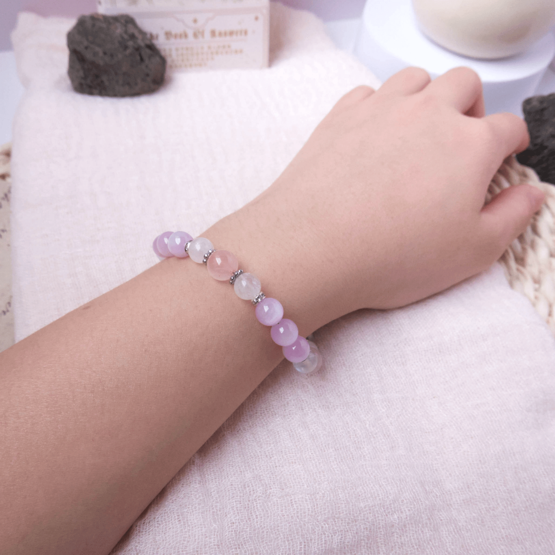 Rainbow Moonstone, Kunzite, and Rose Quartz Bracelet - Crystal Bracelet for Love, Emotional Healing, and intuition - To Eons